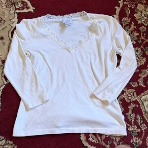 LOFT White Lace-Trim V-Neck Long Sleeve Tee